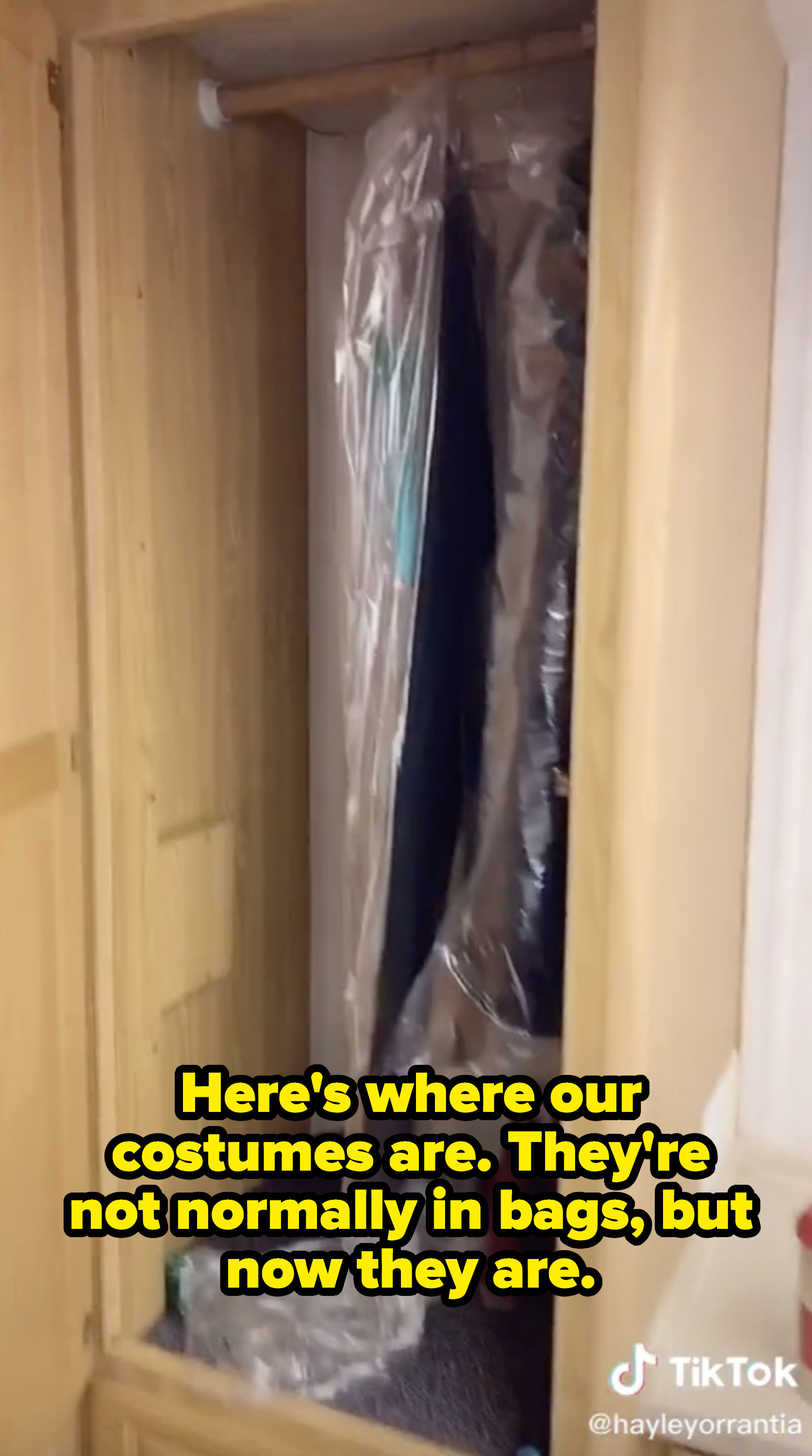 Garment bags of costumes hanging inside a closet.