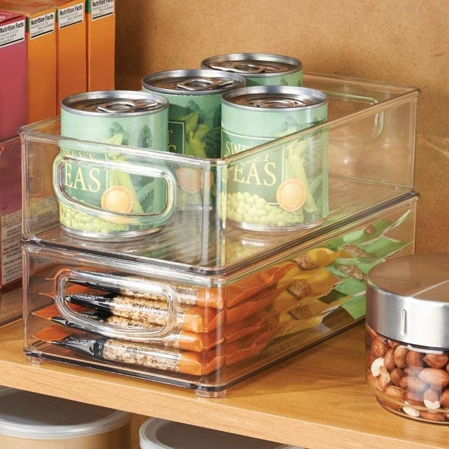 Two clear plastic food storage bins stacked on top of each other