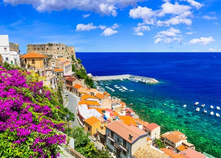 High view of buildings on the coast line with purple flowers and striking blue sea