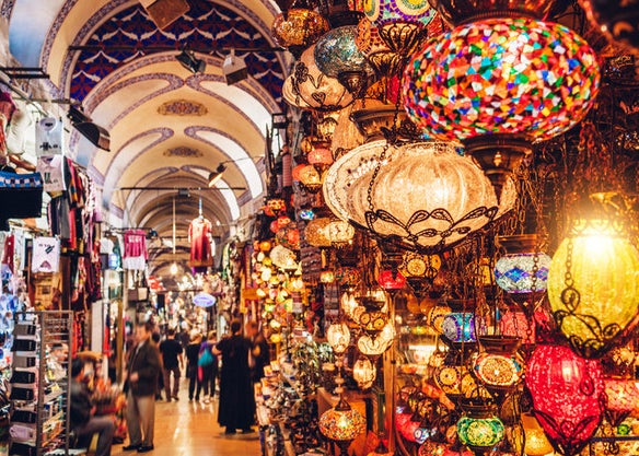 The Grand Bazaar full of people and brightly-coloured lanterns