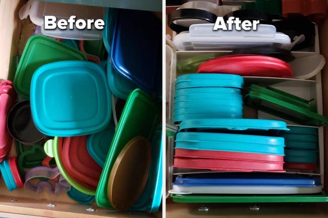 Before and after image of reviewer's messy drawer full of lids now completely organized