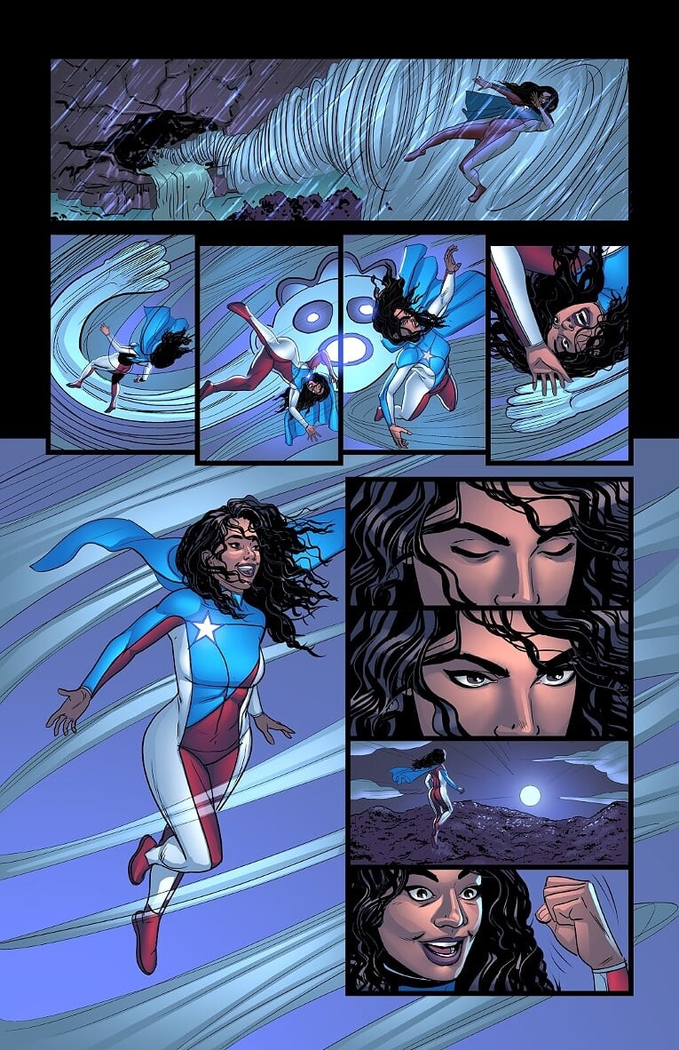 Comic illustration of character named Marisol Rios De La Luz discovering her superhero powers in Puerto Rico.