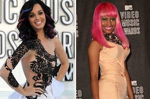 Katy Perry posing in a one shoulder embellished dress next to an image of Nicki Minaj wearing a peach vest and pants