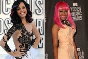 Katy Perry posing in a one shoulder embellished dress next to an image of Nicki Minaj wearing a peach vest and pants
