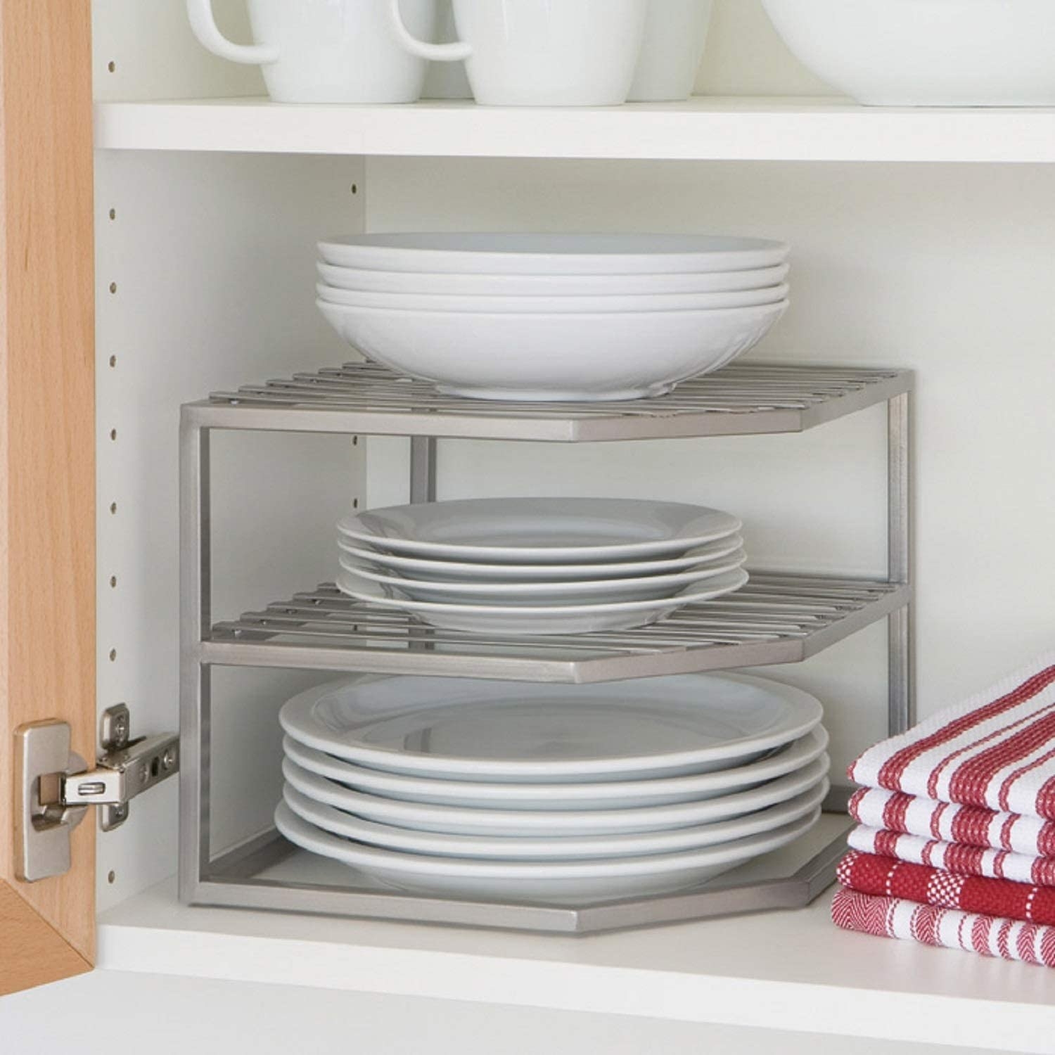 A platinum corner dish and bowl organizer with wire-framed shelves