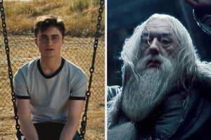 Harry Potter sitting on a swing and Dumbledore falling to his death