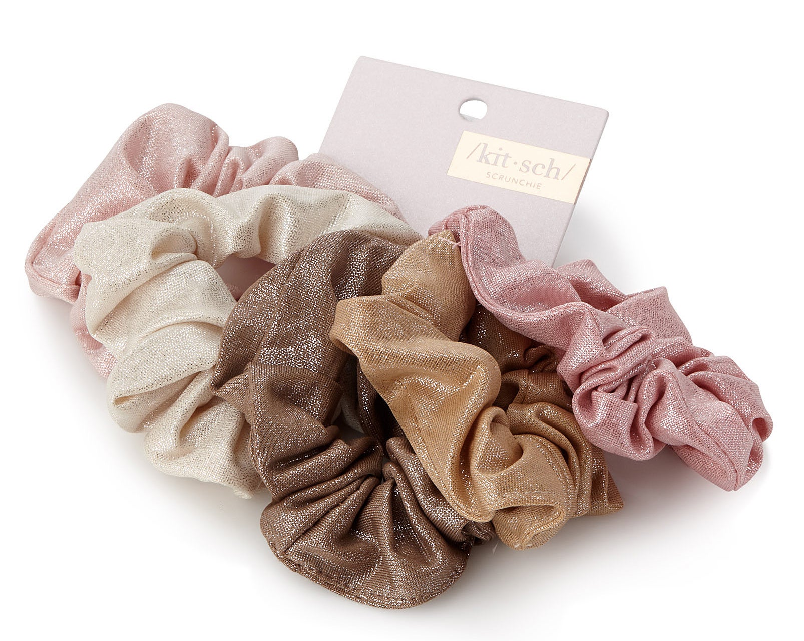 Five scrunchies with a faint shine held together by packaging