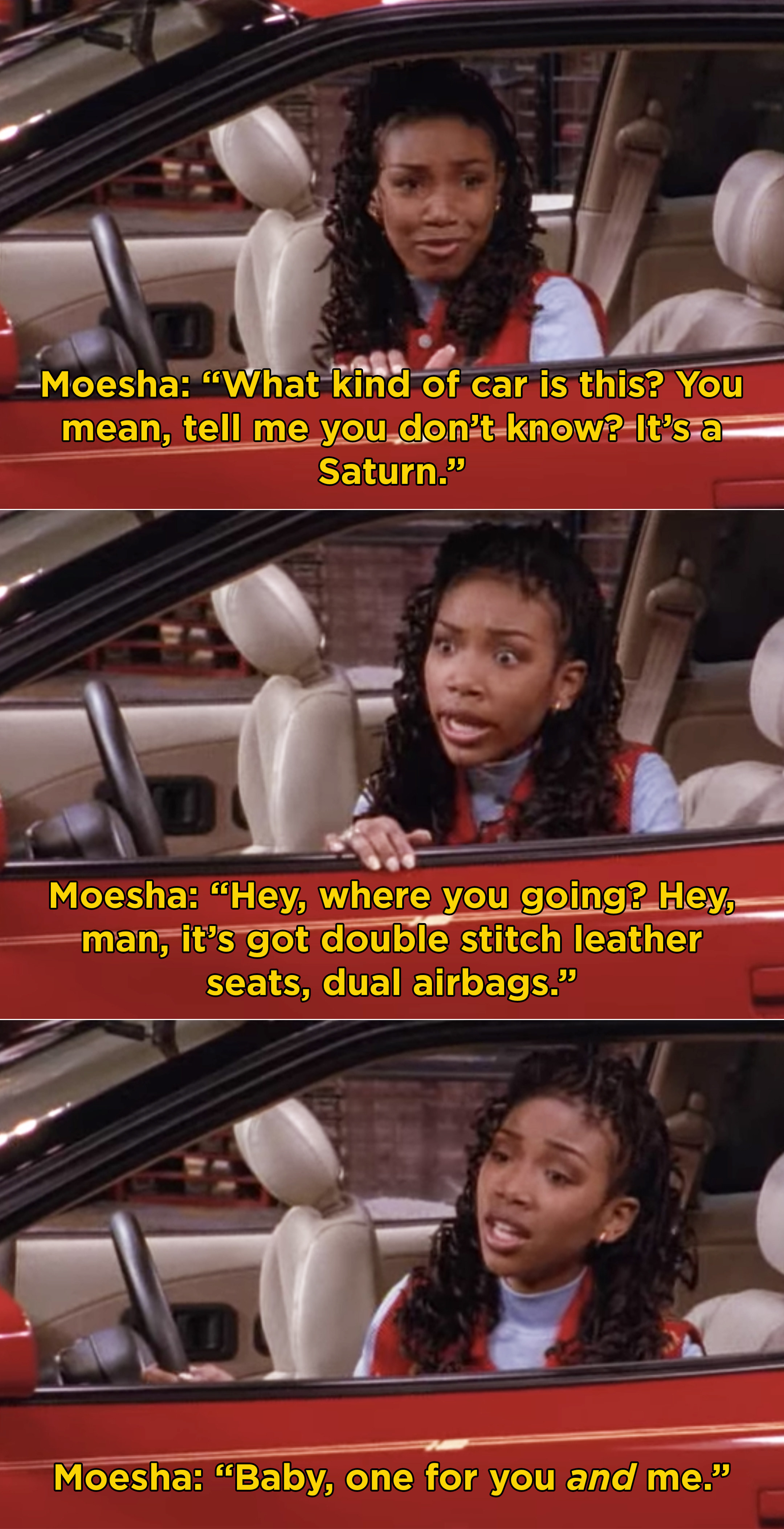 Moesha sitting in her new car and making up a scenario where a boy doesn&#x27;t like her because of the car she drives