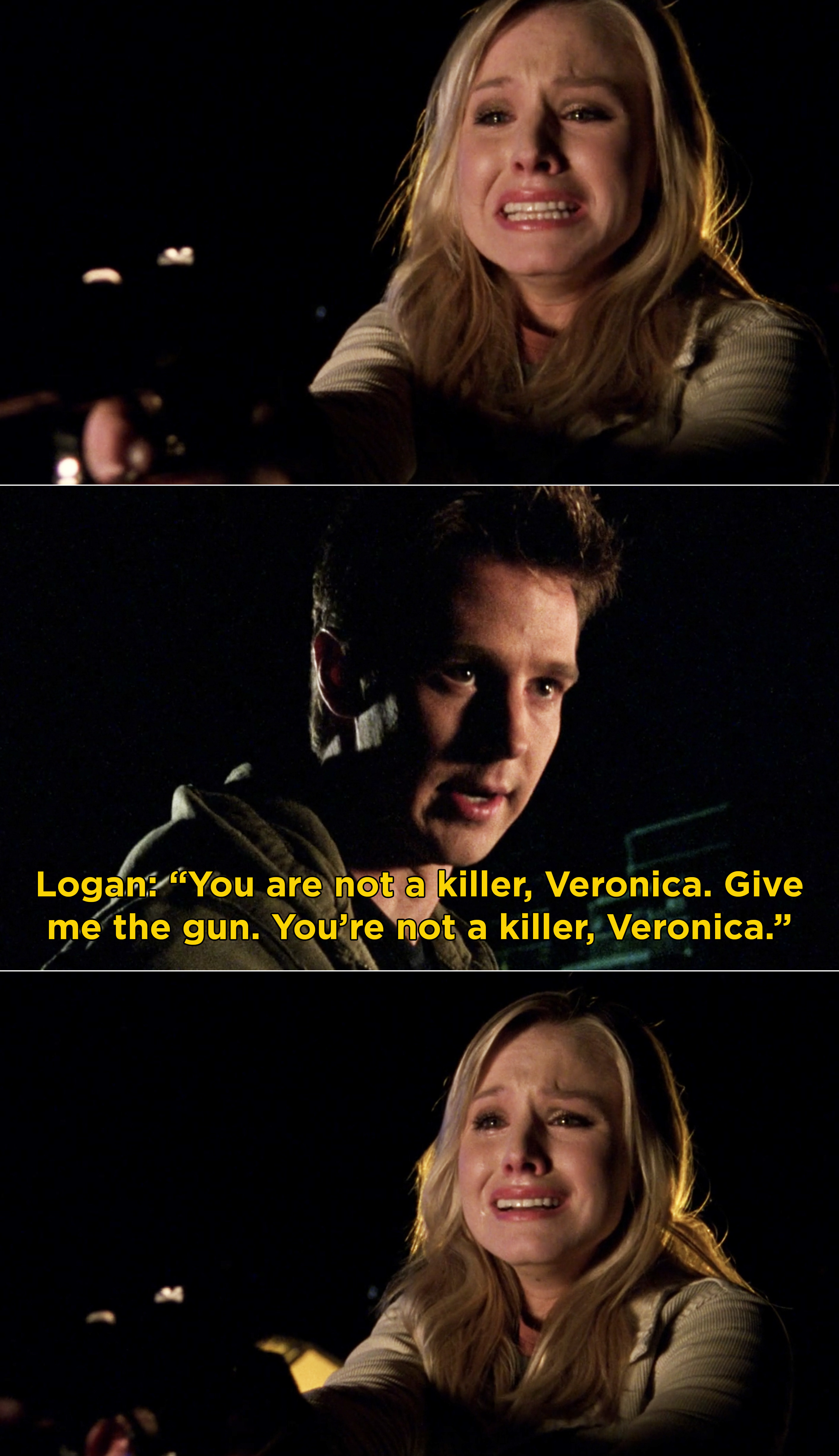 Veronica crying and Logan telling her that she&#x27;s not a killer and needs to give him the gun