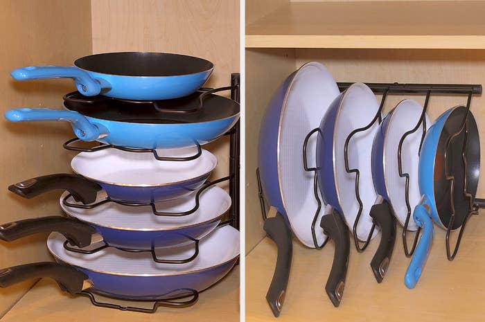 Split image of pans stacked both vertically and horizontally in a black metal organizer