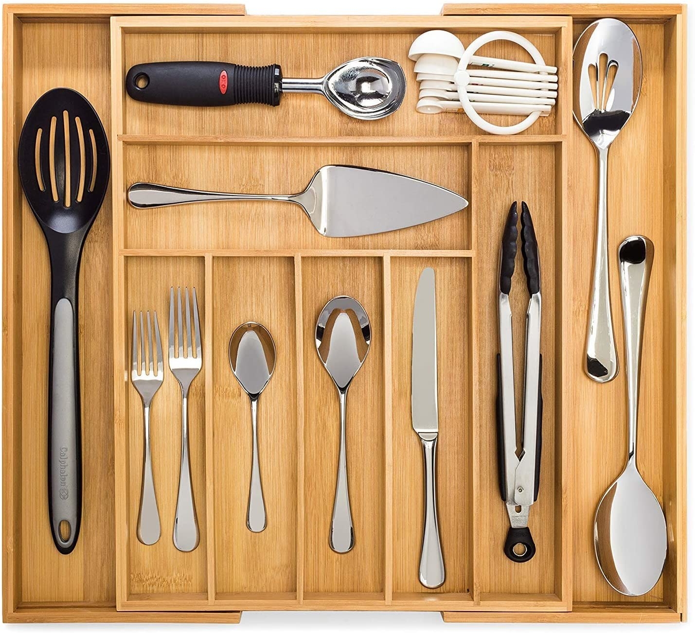 Bamboo utensil organizer partially expanded