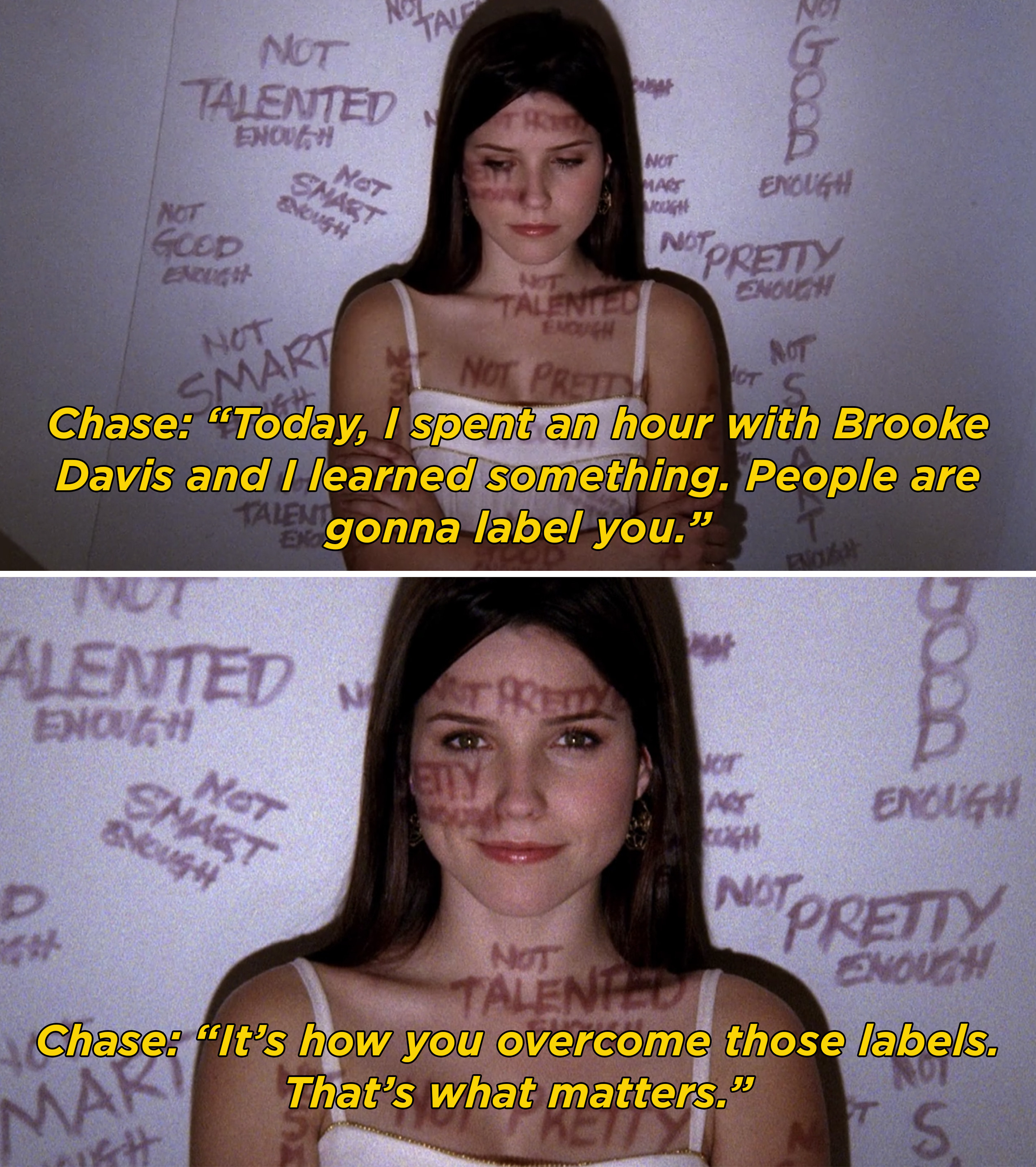 Brooke standing with words like &quot;Not pretty enough&quot; and &quot;not talented enough&quot; written on her body and around her