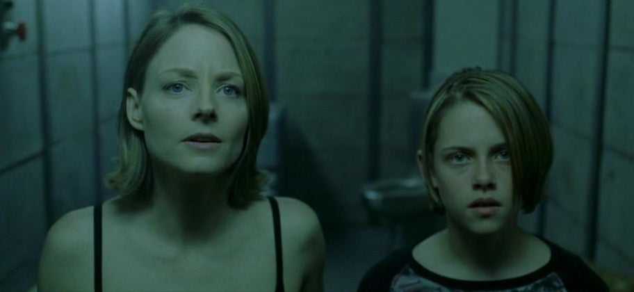 Meg and Sarah looking up at their mysterious captor in &quot;Panic Room.&quot; 