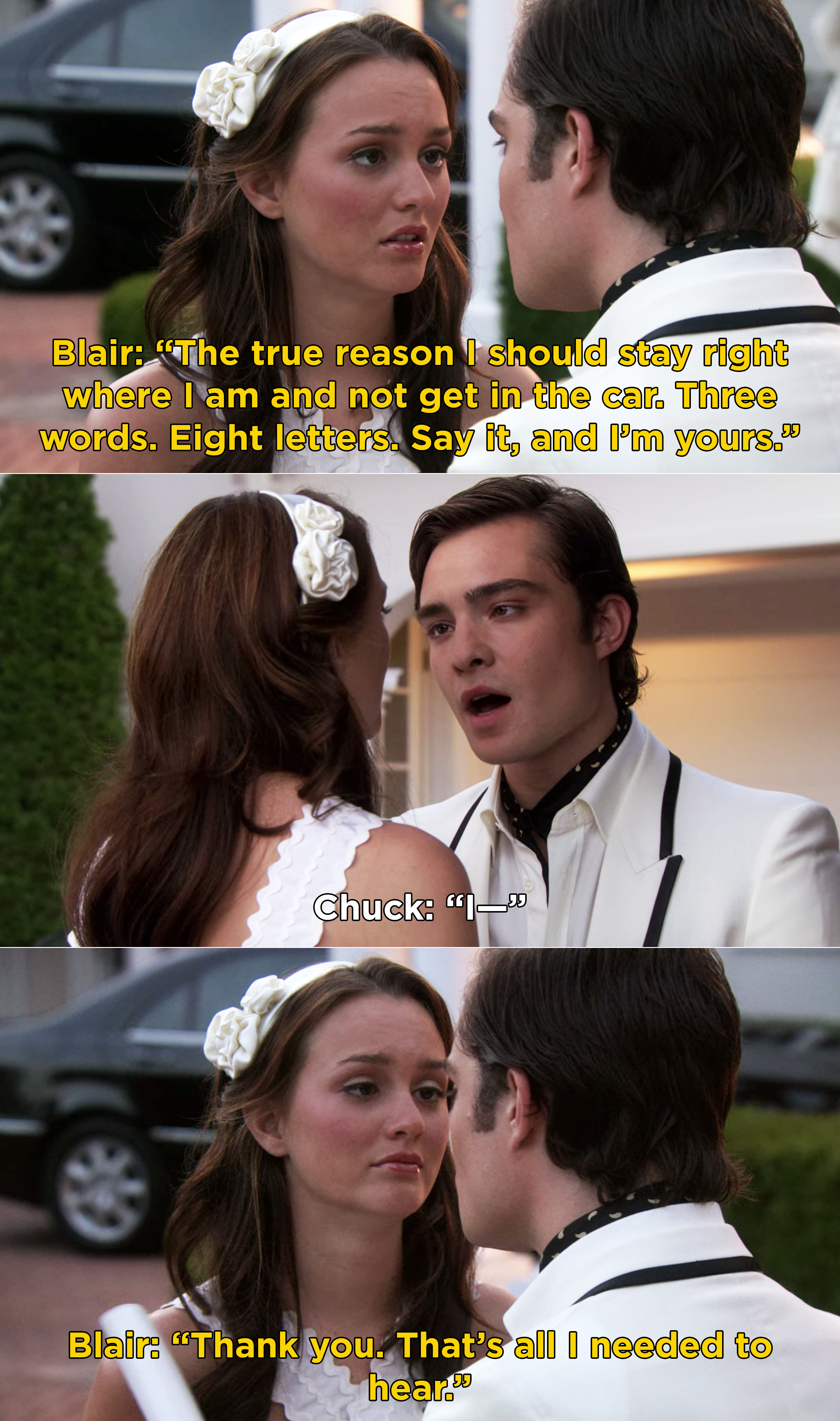 Blair asking Chuck to say &quot;Three words. Eight letters&quot;