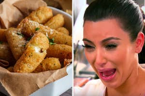 A bowl of mozzarella sticks on the left with Kim Kardashian crying on the right