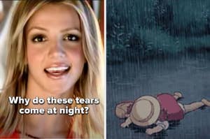 Britney Spears still from "Lucky" music video with lyric" why do these tears come at night" then cartoon girl in rain