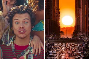 On the left, Harry Styles in the "Watermelon Sugar" music video, and on the right, the sun setting in between tall buildings on a busy New York City Street