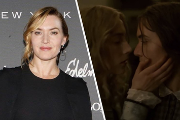 Kate Winslet on the red carpet next to a still of Kate and Saoirse Ronan embracing in "Ammonite"