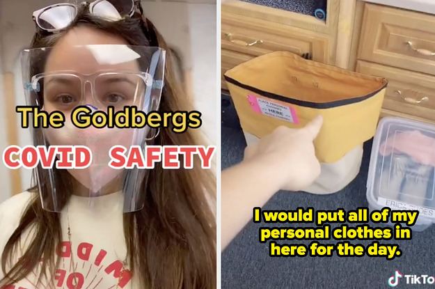 Hayley Orrantia wearing a shield and a face mask as she arrives on set, and the zippered bag she's supposed to keep all her personal clothes in.