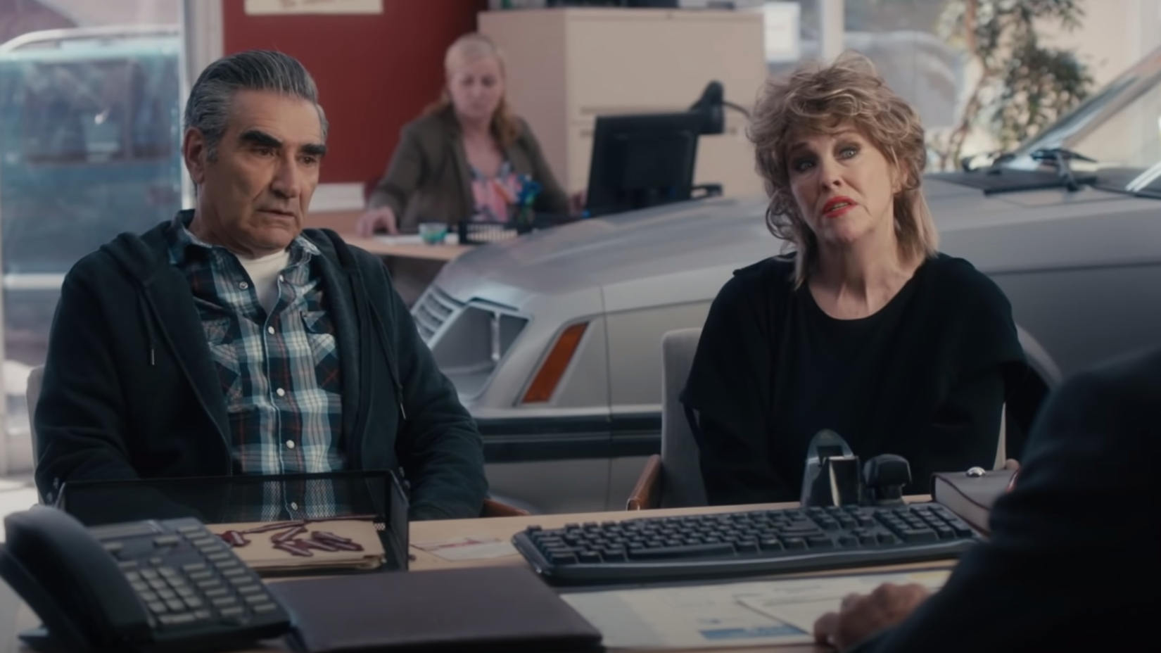 Johnny and Moira look concerned in &quot;Schitt&#x27;s Creek.&quot;