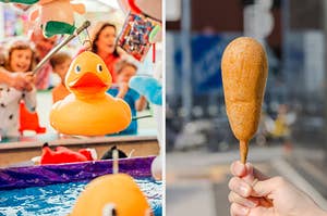 On the left, people playing a game where they have to hook a rubber duck to a stick, and on the right, someone holds up a corn dog