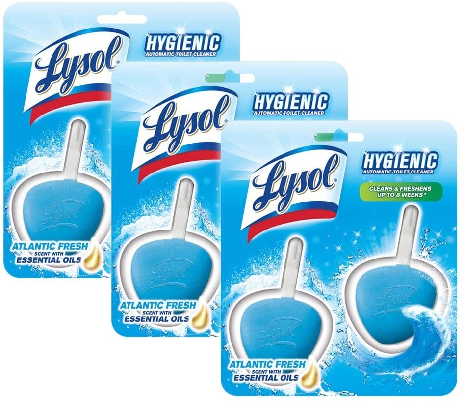 Three packs of the Lysol No Mess Automatic Toilet Bowl Cleaner Value Pack in Ocean Fresh