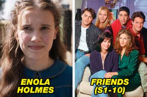 Side by side of Milly Bobbie Brown in "Enola Holmes" and a cast photo of "Friends"