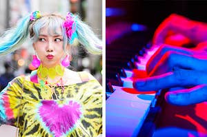 Left hand side is a close up shot of a woman with multi coloured hair and accessories, right hand side shows someone playing the keyboard 