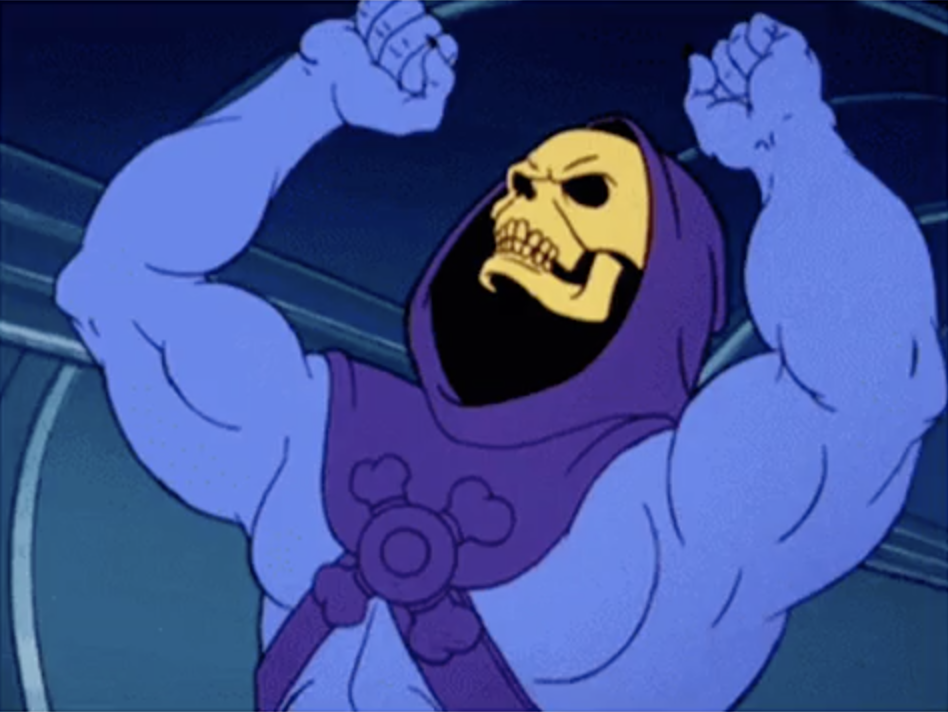 Skeletor angrily shaking his fist at the sky