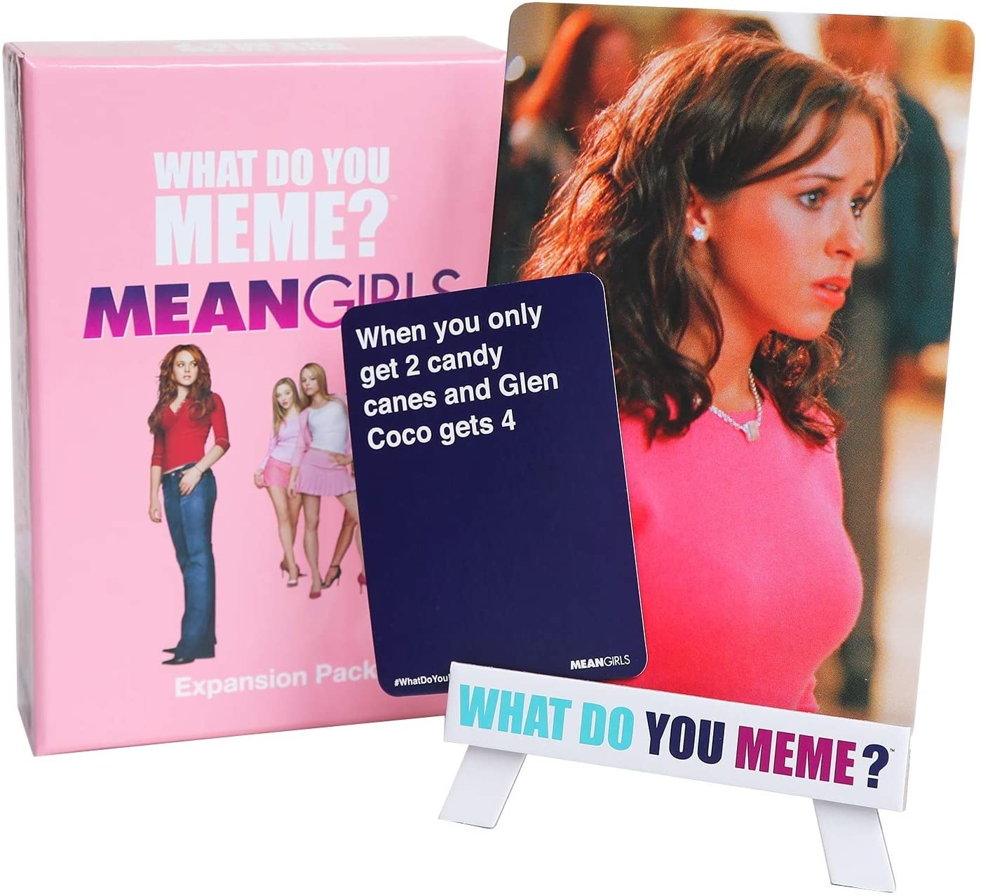 A box of cards with a photo card of Lacey Chabert as Gretchen Weiners and a smaller card that says when you only get 2 candy canes and Glen Coco gets 4