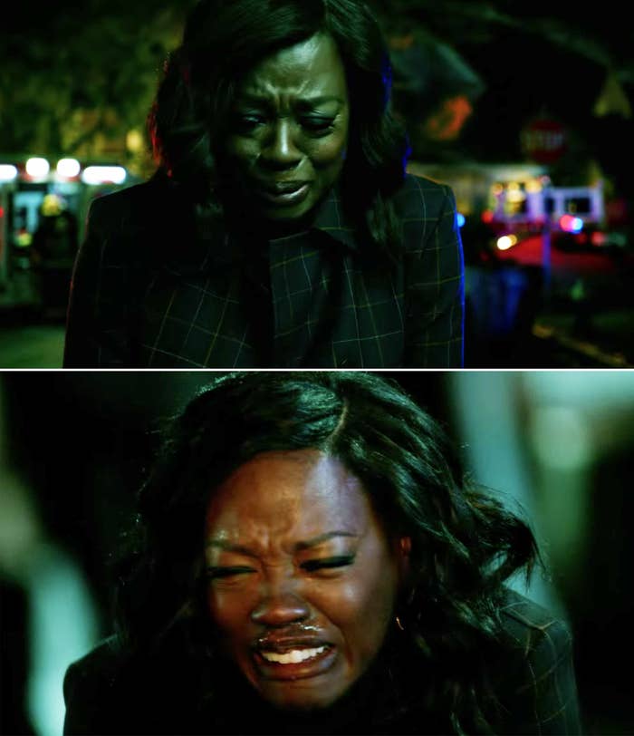 Viola Davis as Annalise in "How to Get Away with Murder" shifting from a few tears to fully sobbing