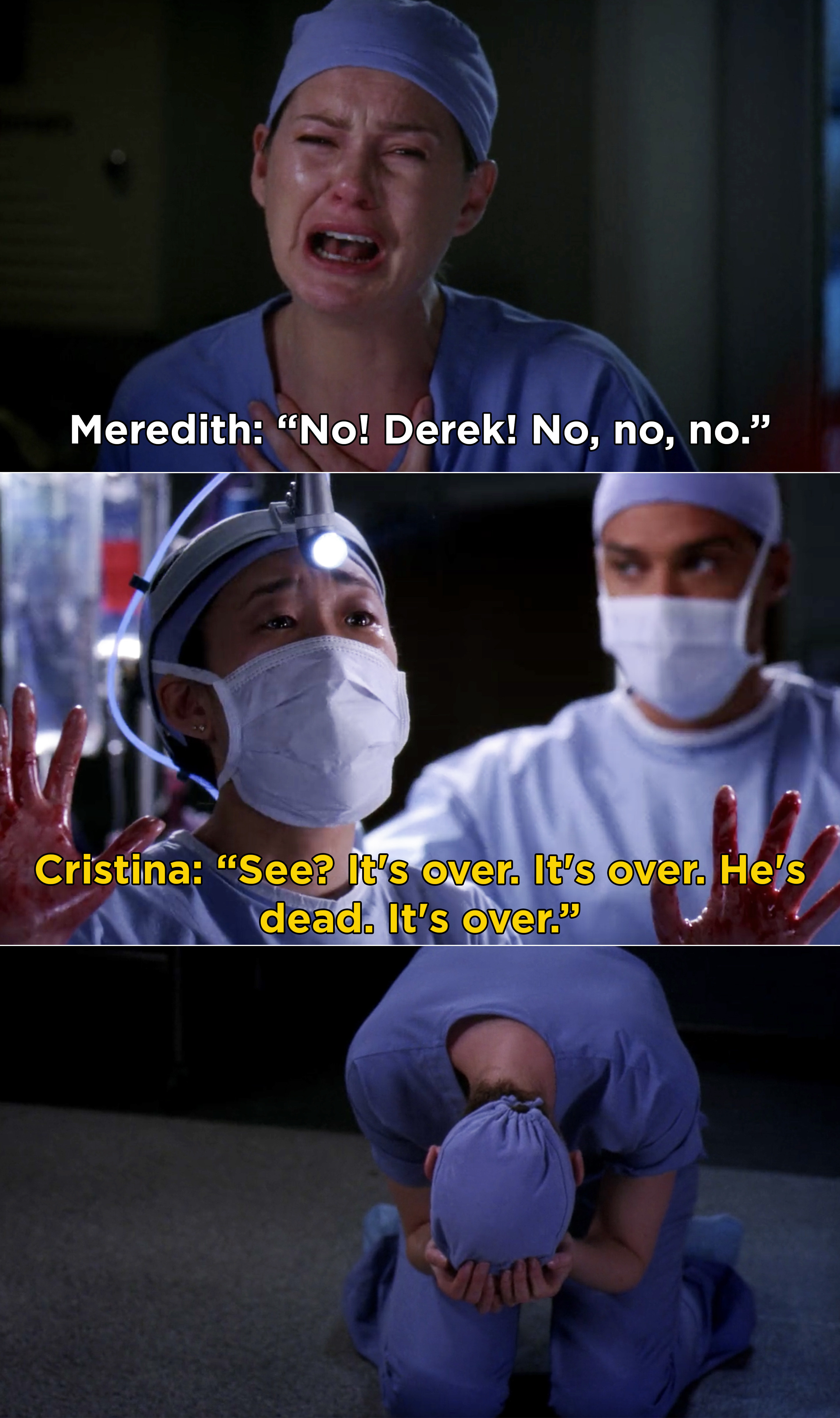 Meredith sobbing after thinking Derek died on the operating table after getting shot