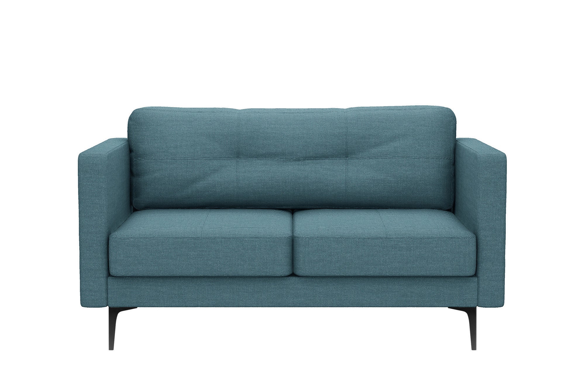 The two-cushion sofette in blue weave with dark brown legs