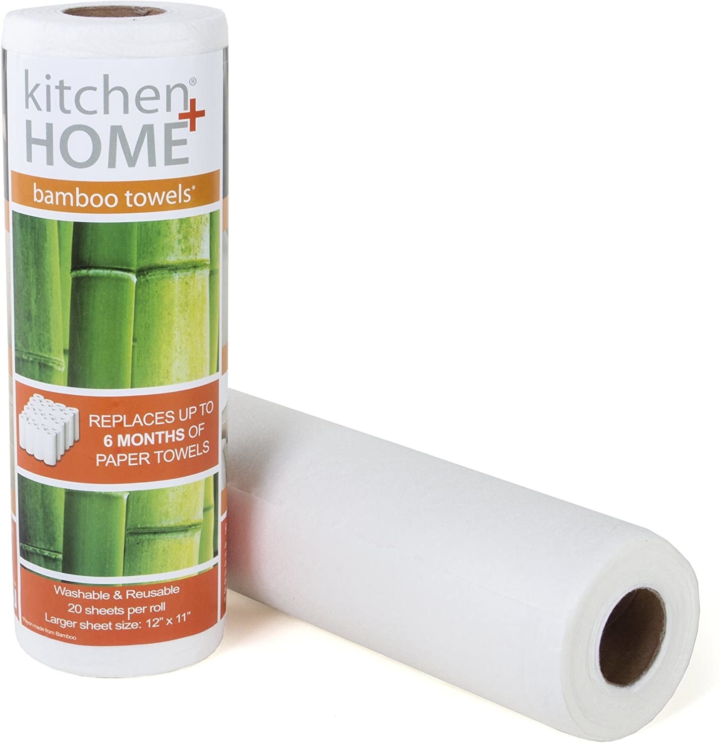 Product photo showing outside packaging as well as roll of bamboo towels