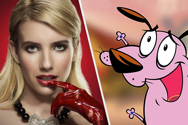 Emma Roberts in Scream Queens with blood on her hands next to Courage smiling