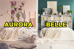 On the left, a bright, sunny bedroom with a floral picture on the wall and a floor lamp labeled "Aurora," and on the right, a bedroom with a bookshelf behind the bed with various plants and paintings on top labeled "Belle"