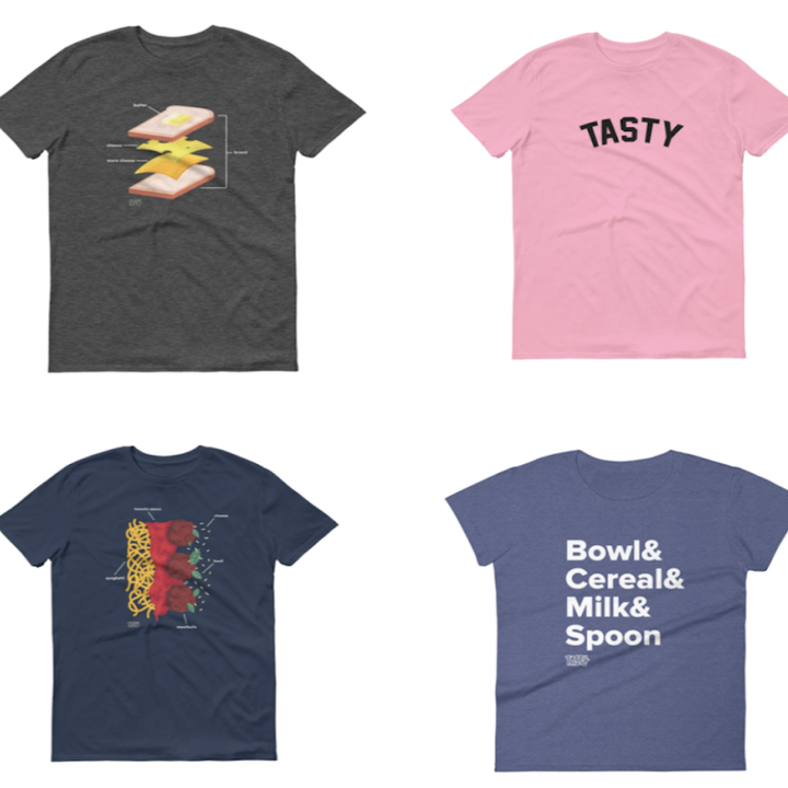 Four t-shirts with variously styled Tasty logos are imposed in front of a white background