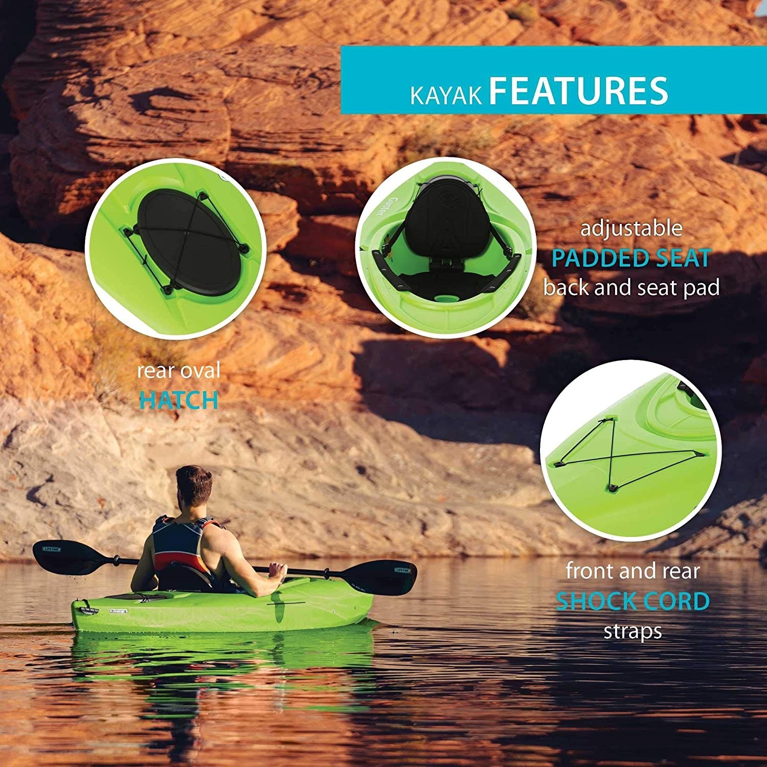 A graphic showing a person in the kayak and describing how the kayak also has shock cord straps and an oval hatch