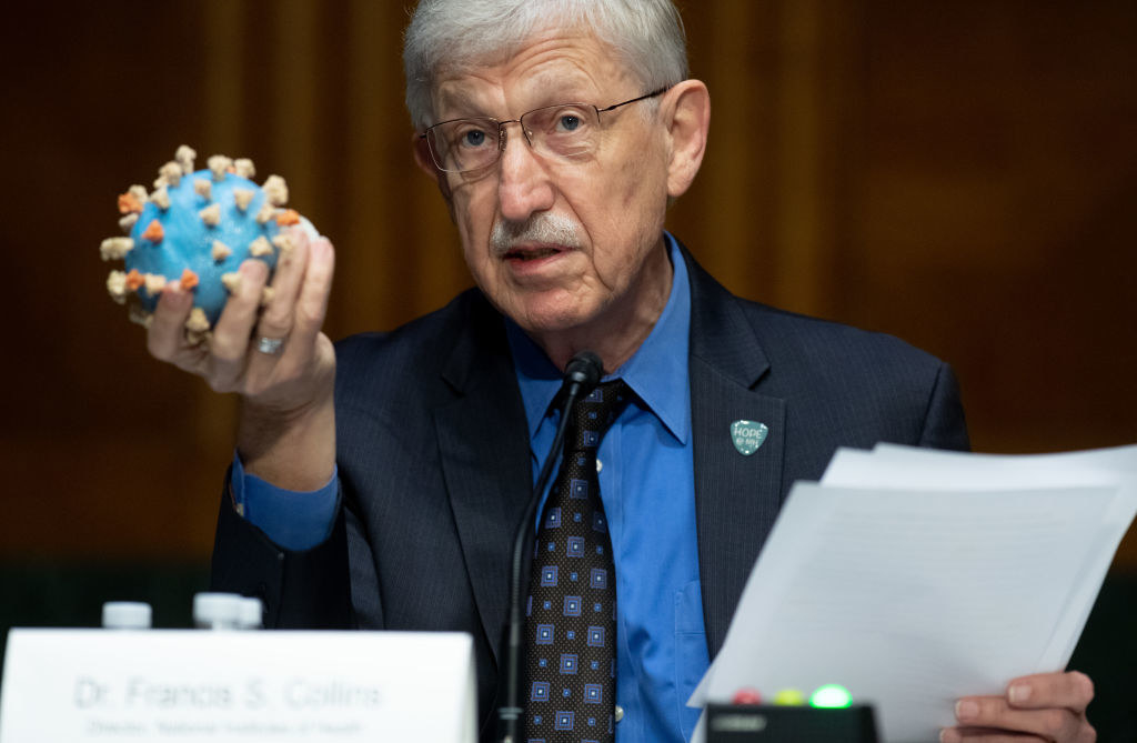 Francis Collins, Director of the National Institutes of Health, holds up a model of a coronavirus when testifying to the Senate about Operation Warp Speed in July.