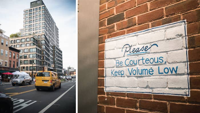 The sign on the right says "Please be courteous, keep volume low"