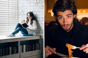 On the left, someone sits near a window and reads a book while holding a mug in the other hand, and on the right, Zayn Malik eats spaghetti in the "Night Changes" music video