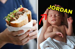 On the left, someone holds up a sub sandwich wrapped in paper, and on the right, a newborn baby sleeping with an arrow pointing to them and "Jordan" typed next to them