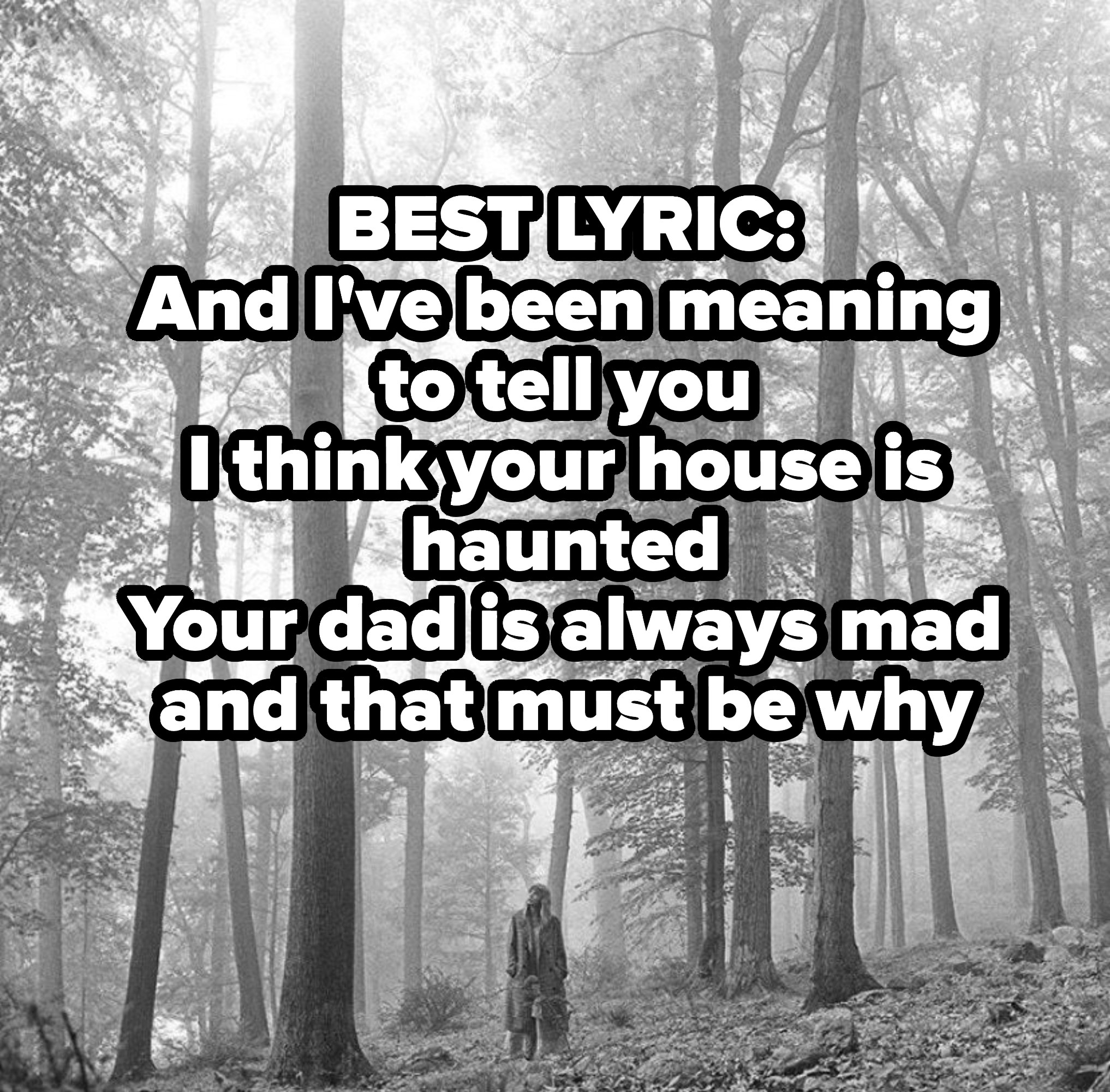 BEST LYRIC:
And I&#x27;ve been meaning to tell you
I think your house is haunted
Your dad is always mad and that must be why