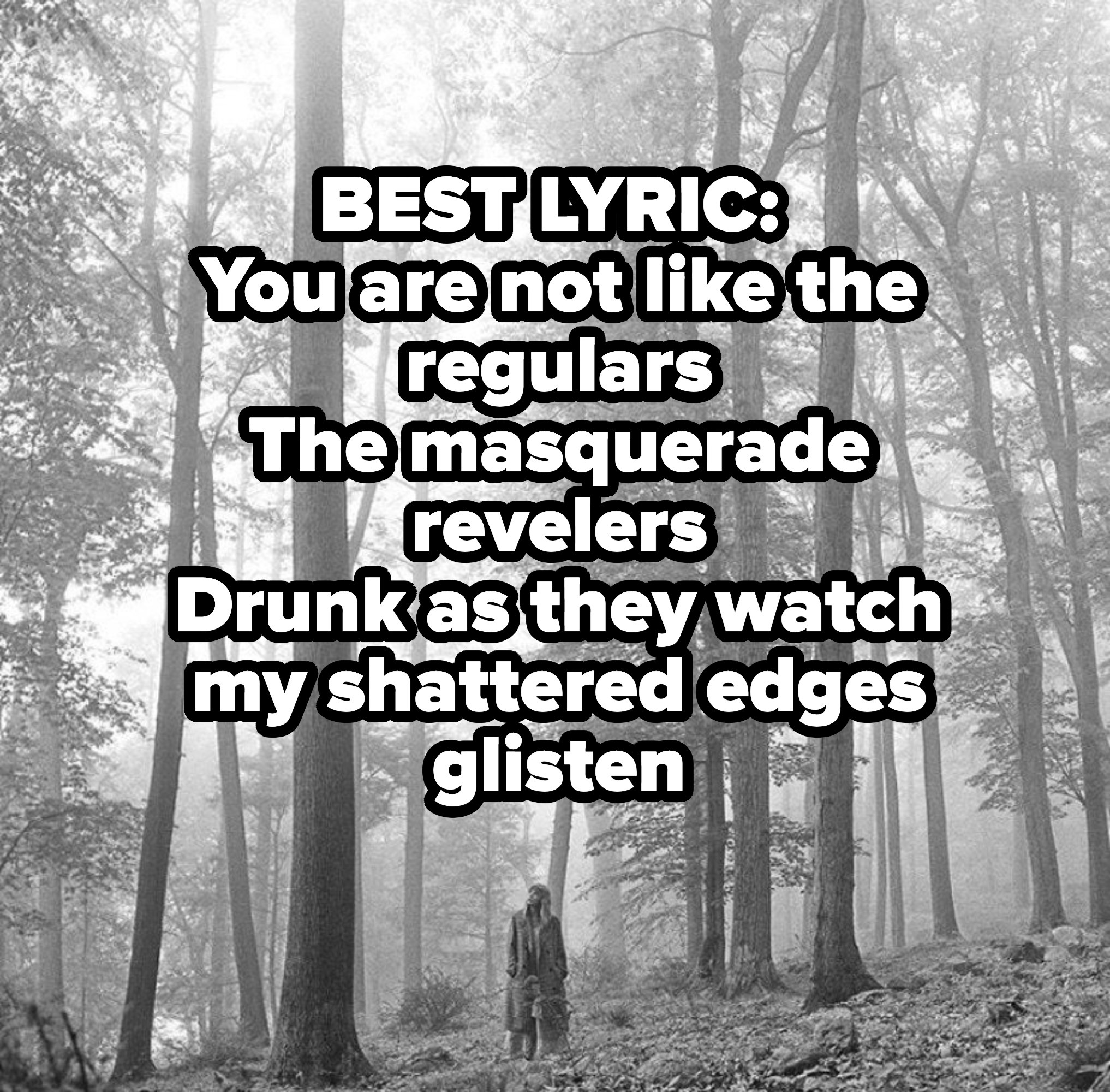 BEST LYRIC: You are not like the regulars
The masquerade revelers
Drunk as they watch my shattered edges glisten