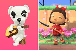 KK Slider playing the guitar and a ACNH player holding a shovel standing in front of some pink roses