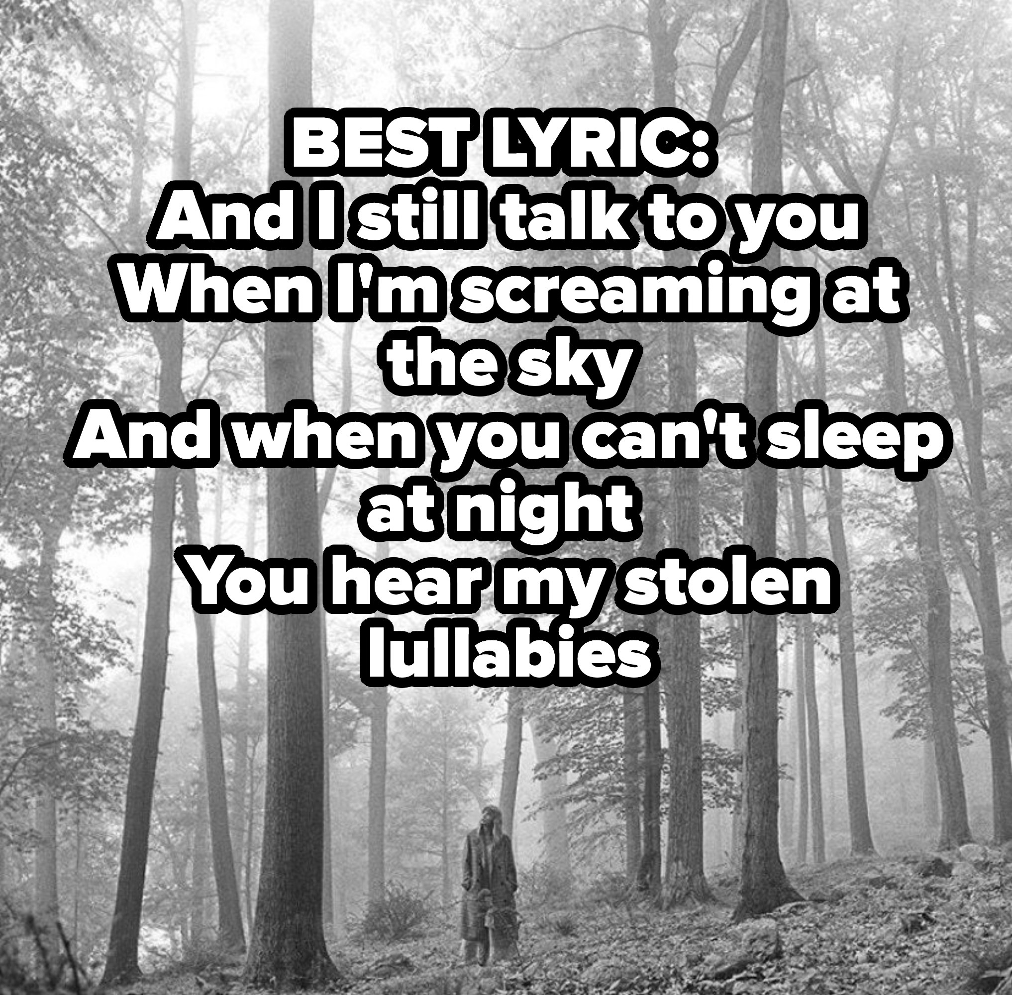 BEST LYRIC: And I still talk to you (When I&#x27;m screaming at the sky)
And when you can&#x27;t sleep at night (You hear my stolen lullabies)
