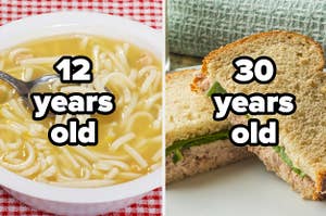Canned chicken noodle soup with the text "12 years old" and a tuna sandwich with the text "30 years old"