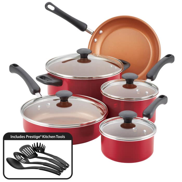 red set of pots and pans from farberware