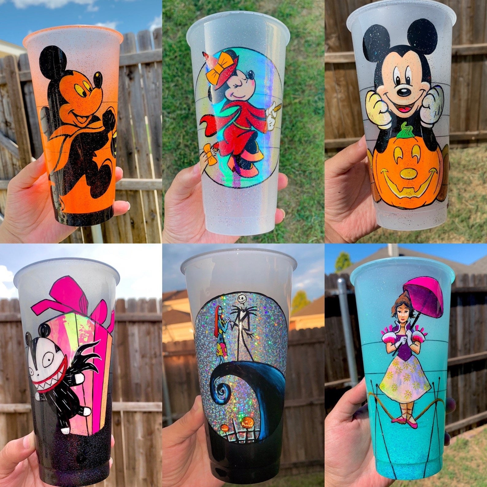six different halloween-themed hand drawn tumbler cups