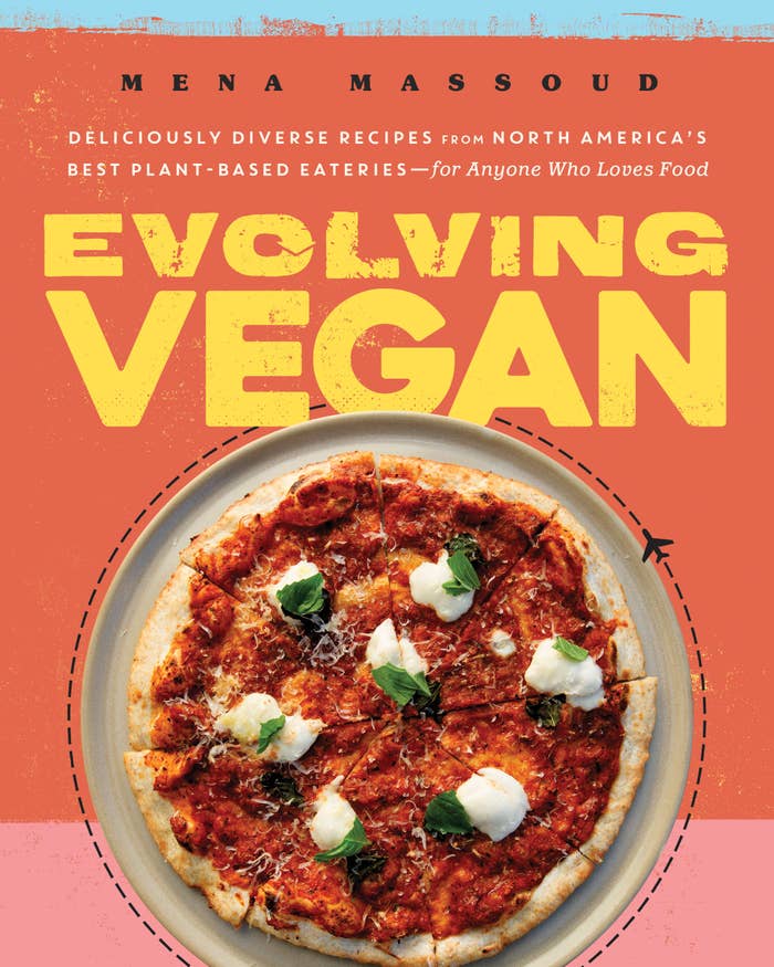 The cover of &quot;Evolving Vegan,&quot; which features a margarita pizza with basil and dollops of vegan cheese on it. 